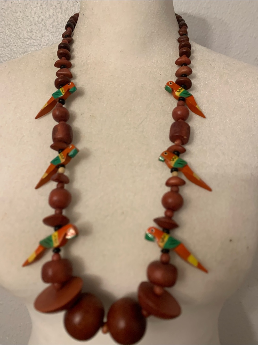 Vintage Wooden Parrot Bead Necklace - Brown & Multicolor